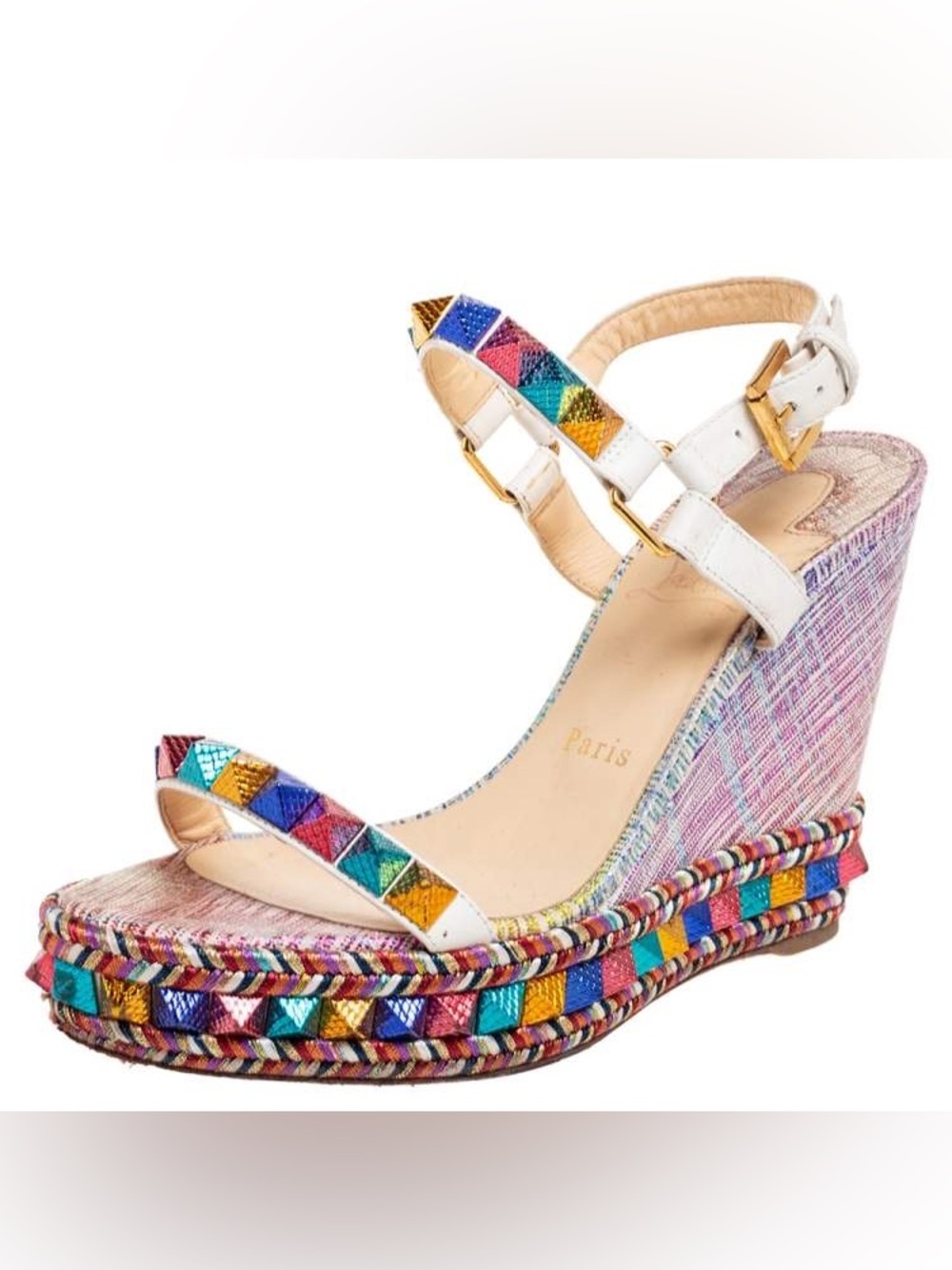 CHRISTIAN LOUBOUTIN Pyraclou Colorful Spike Bead Wedge Red Bottom Heels Sandals - Picture 2 of 9